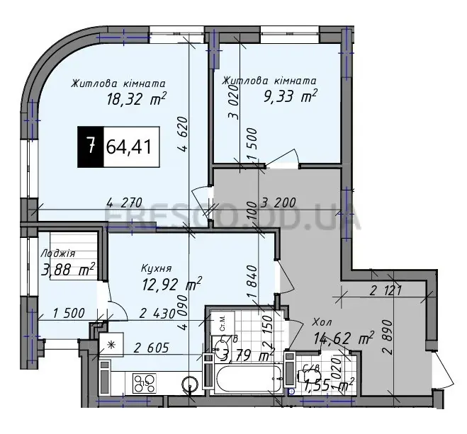 Двухкомнатная · 65.7 м² · ЖК Одеса Сити
