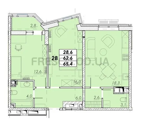 Двухкомнатная квартира · 65.4 м² · ЖК Прохоровский квартал