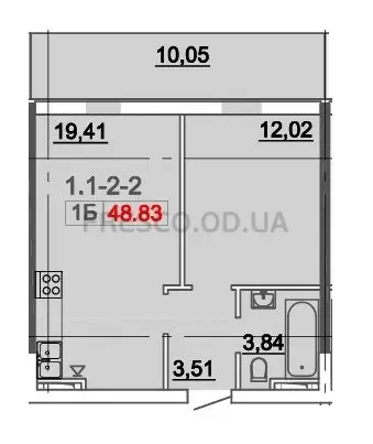 Однокомнатная квартира · 48.83 м² · Кадорр на Даче Ковалевского