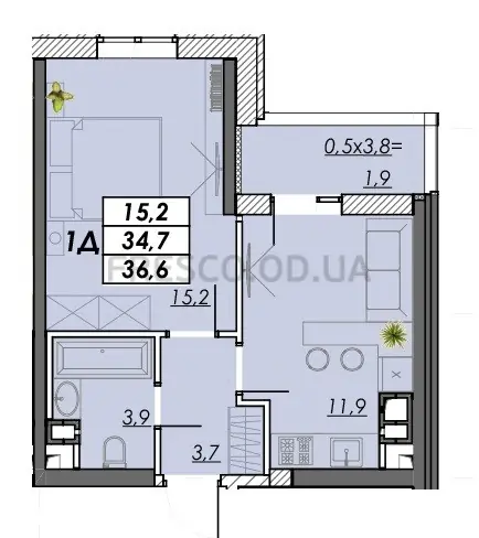 Однокомнатная квартира · 36.6 м² · ЖК RealPark (Реал Парк)