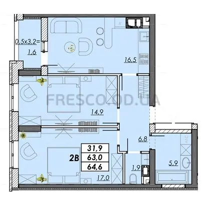 Двухкомнатная квартира · 64.6 м² · ЖК RealPark (Реал Парк)