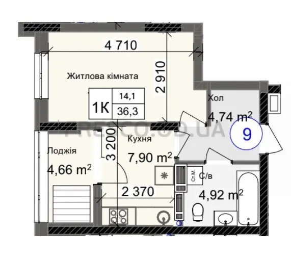 Однокомнатная · 36.3 м² · ЖК Одеса Сити
