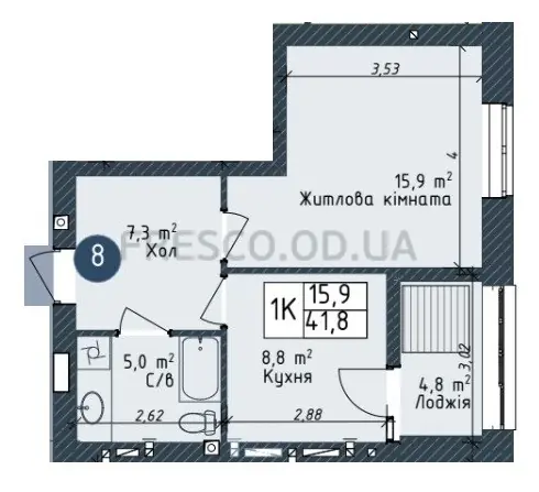 Однокомнатная · 41.8 м² · ЖК Одеса Сити