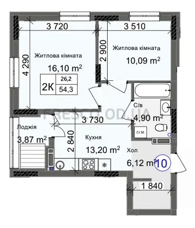 Двухкомнатная · 54.3 м² · ЖК Одеса Сити