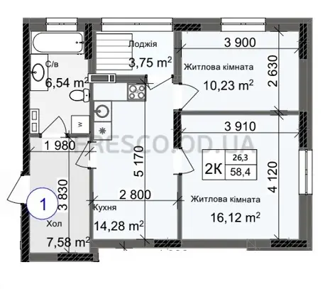 Двухкомнатная · 58.4 м² · ЖК Одеса Сити