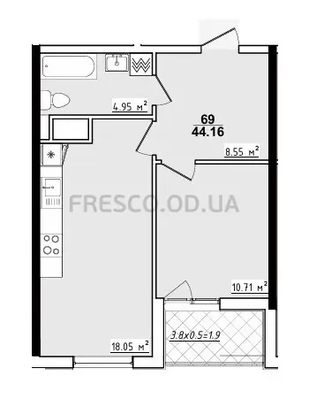 Однокомнатная квартира · 44.16 м² · ЖК 70 Жемчужина