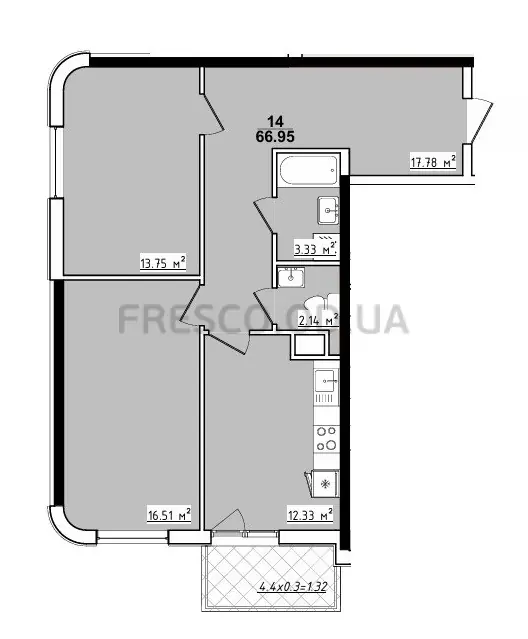 Двухкомнатная квартира · 66.83 м² · ЖК 70 Жемчужина