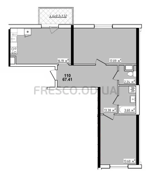 Двухкомнатная квартира · 67.41 м² · ЖК 70 Жемчужина