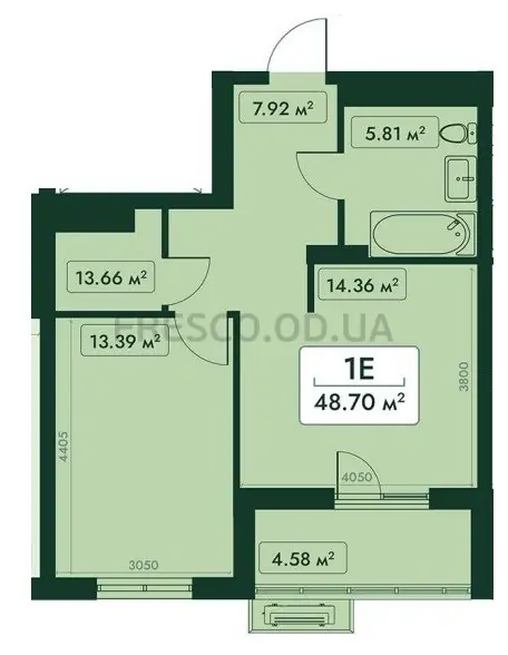 Однокомнатная квартира · 48.7 м² · ЖК Эра Фэмили