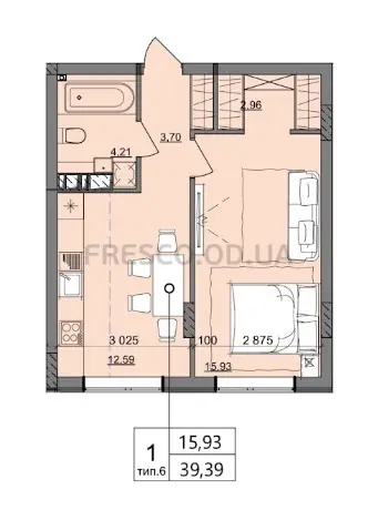 Однокомнатная квартира · 39.39 м² · ЖК Акварель 10