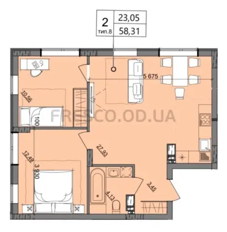 Двухкомнатная квартира · 58.31 м² · ЖК Акварель 10