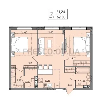 Двухкомнатная квартира · 62.3 м² · ЖК Акварель 10